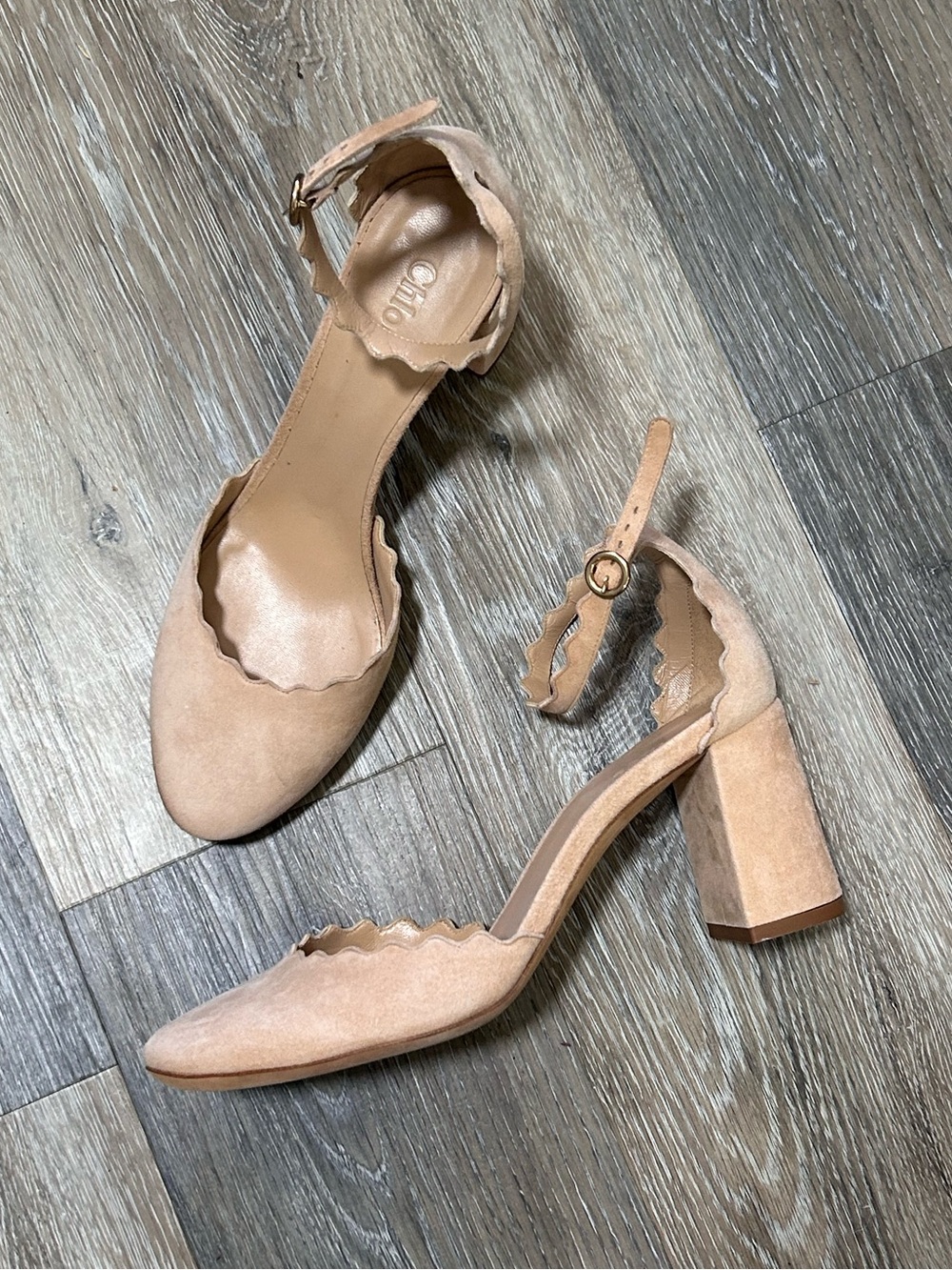 Chloe Nude Scalloped Block Heel Ankle-Strap Pumps
